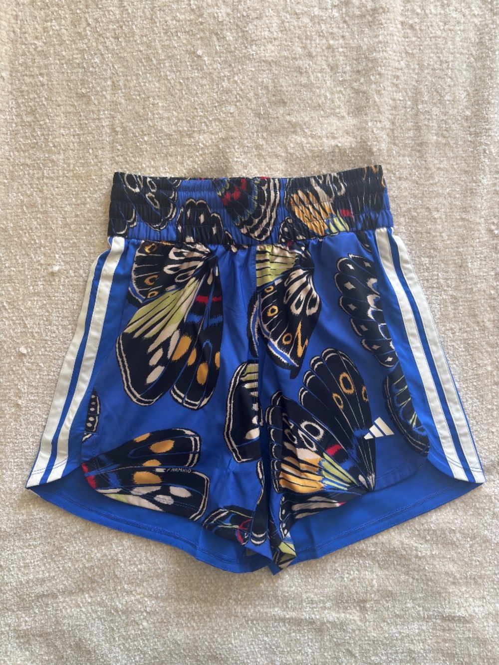 adidas Originals Blue Butterfly Print Athletic Shorts with White Stripes